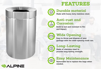 Alpine Industries Stainless Steel Trash Can with Open Lid, 100 Gallon, Silver, 2/Pack (ALP475-50-2PK)