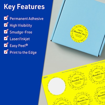 Avery Round Laser/Inkjet Multipurpose Labels, 1-5/8 Dia, Neon Yellow (400/Pack)