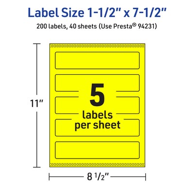 Avery Laser/Inkjet Multipurpose Rectangle Labels, 1.5" x 7.5", Neon Yellow, 200/Pack (94231)