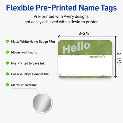 Avery Adhesive Name Tags, Pre-printed Green & Silver Hello Design