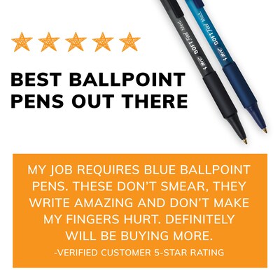 BIC Soft Feel Retractable Ballpoint Pens, Medium Point, 1.0mm, Blue Ink, 36/Pack (SCSM361BLU)