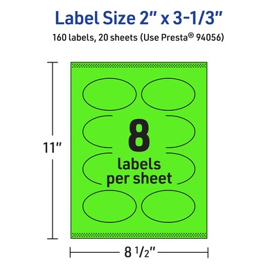 Avery Laser/Inkjet Multipurpose Oval Labels, 2" x 3-1/3", Neon Green, 160/Pack (94056)
