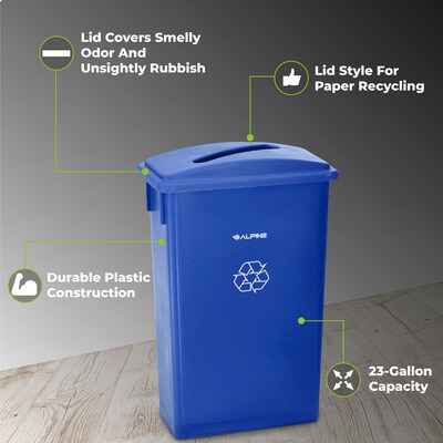 Alpine Industries Polypropylene Recycling Bin with Lid and Dolly, 23 Gallon, Blue (ALP477-BLU4-PKD)