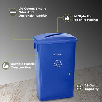 Alpine Industries Plastic Commercial Indoor Recycling Bin with Slotted Lid and Dolly, 23-Gallon, Blue (ALP477-BLU4-PKD)