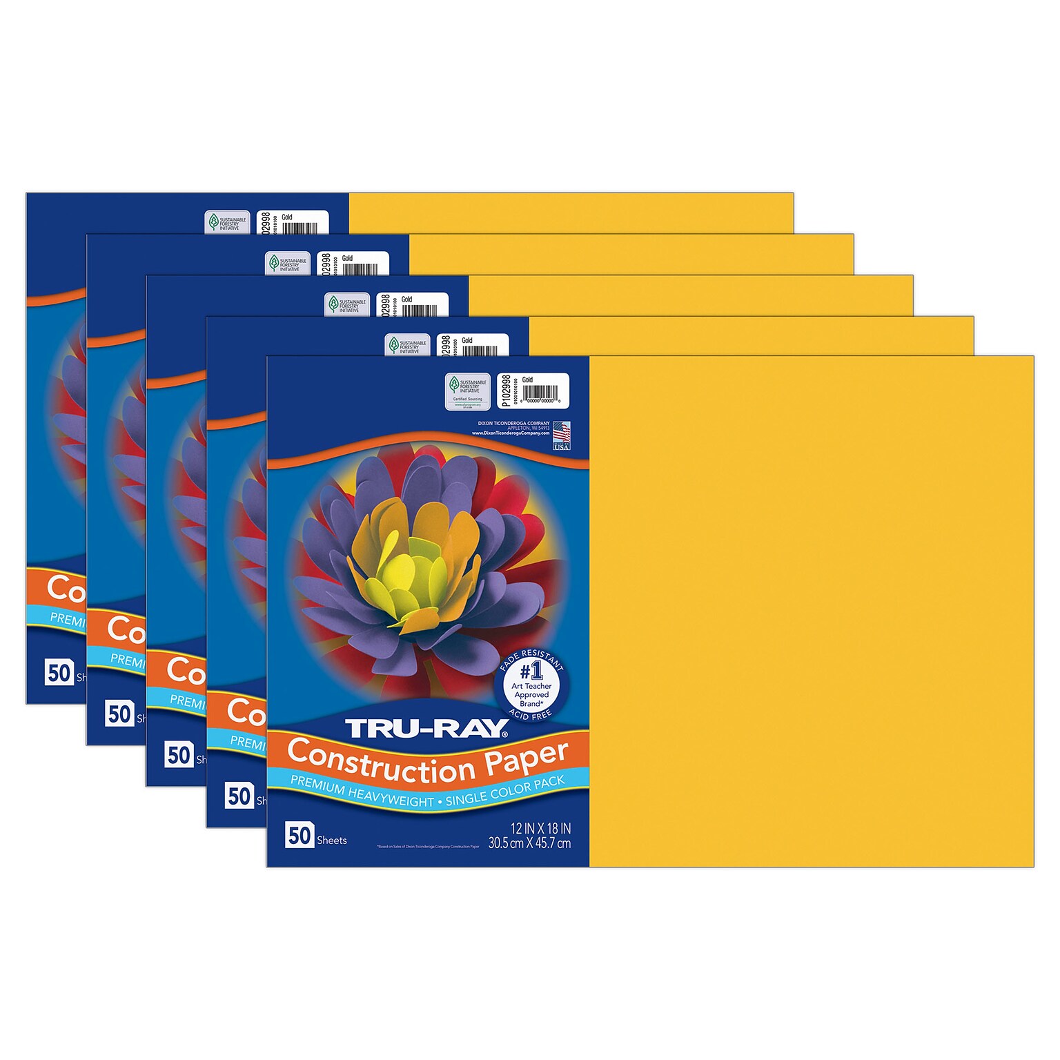 Tru-Ray 12 x 18 Construction Paper, Gold, 50 Sheets/Pack, 5 Packs/Bundle (PAC102998-5)