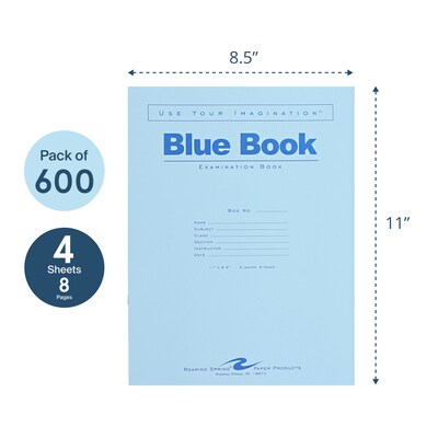 Roaring Spring Paper Products Exam Notebooks, 8.5" x 11", Wide Ruled, 4 Sheets, Blue, 600/Case (77515CS)