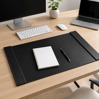 SUM Anti-Slip Faux leather Desk Pad with Side Rail, 34.5" x 24", Black (OSKDPD001)