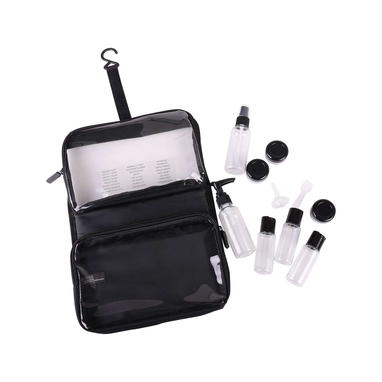G Force 6.75 12-Piece Plastic Toiletry Bag Kit, Black/Clear (36023)
