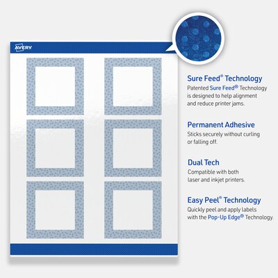 Avery Laser/Inkjet Square Multipurpose Labels, 3" x 3", White, 60/Pack (S00-F8E)