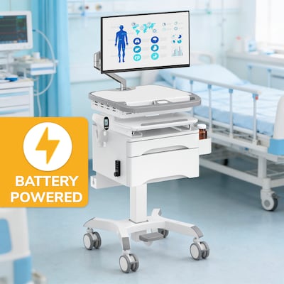 Mount-It! MedHub Powered Medical Cart with 2 Lockable Drawers, Monitor Arm, Scanner & Wipes Holders, White/Gray (MI-16066)