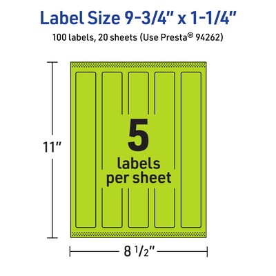 Avery Laser/Inkjet Multipurpose Rectangle Labels, 9.75" x 1.25", Bright Green, 100/Pack (94262)