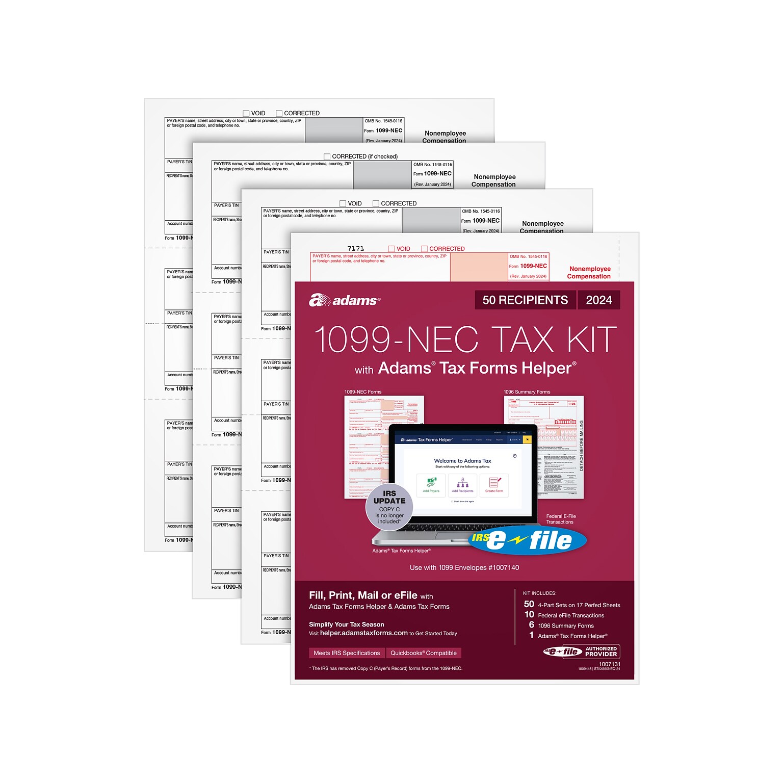 Adams 2024 1099-NEC Tax Form with 10 e-files, 4-Part, 3-Up, Copy A, 1, B, 2, 50/Pack (STAX550NEC-24)