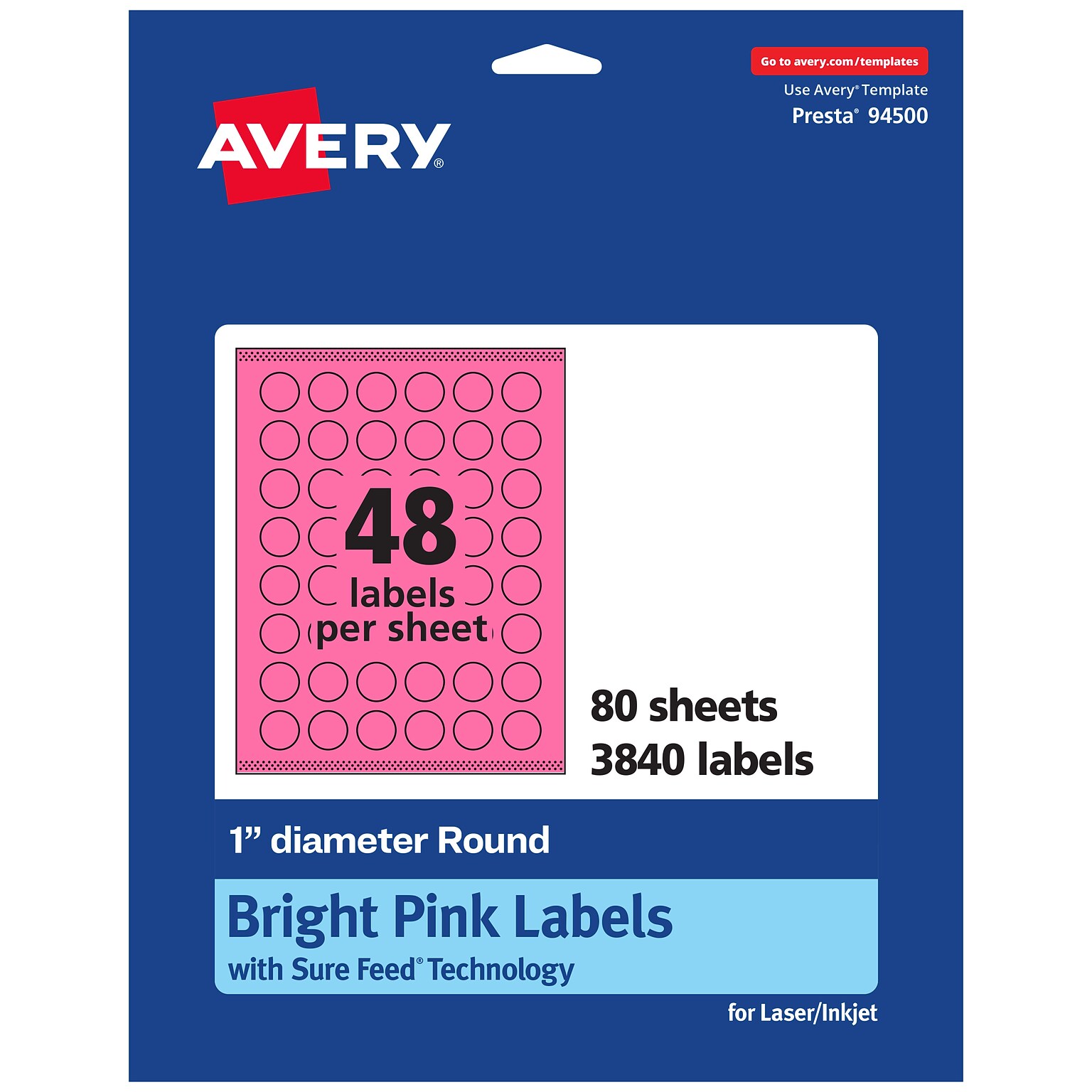 Avery Laser/Inkjet Round Multipurpose Labels, 1 Dia., Bright Pink, 3840/Box (94500)