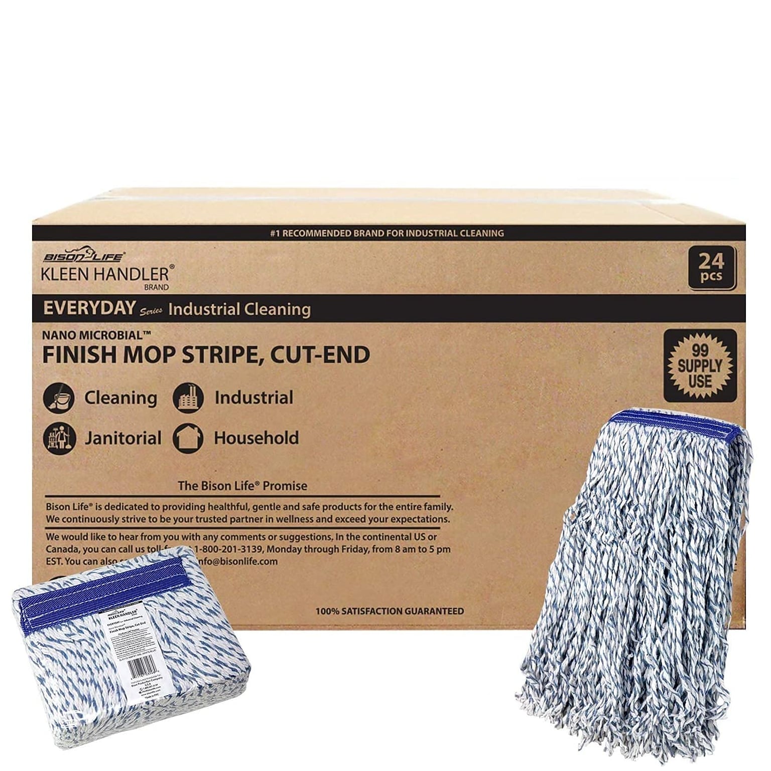 BISON LIFE Kleen Handler Blend String Finishing Wet Mop Head, White/Blue, 24/Pack (BPKH-ES-NMFM-1WBL-24)