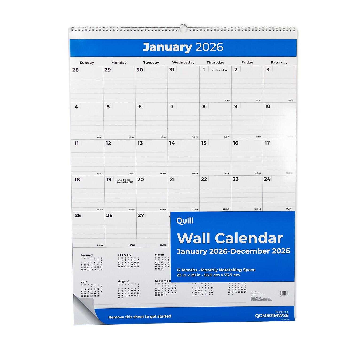2026 Quill Brand® 30 x 20 Vertical Wall Calendar, Blue (63007-26-QCC)
