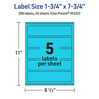 Avery Printable Rectangle Multipurpose Labels, 1.75" x 7.75", Bright Blue, 200/Pack (94232)