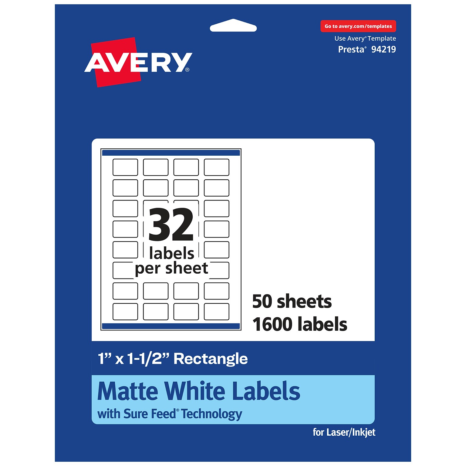 Avery Laser/Inkjet Rectangle Multipurpose Labels, 1 x 1.5, White, 1600 Labels/Box (94219)