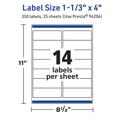 Avery TrueBlock Laser/Inkjet Rectangle Multipurpose Labels, 1-1/3" x 4", White, 350/Pack (94206)