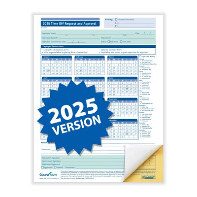 ComplyRight 2025 Time Off Request and Approval Form, 2-Part, 50 Forms/Pack (A0030)