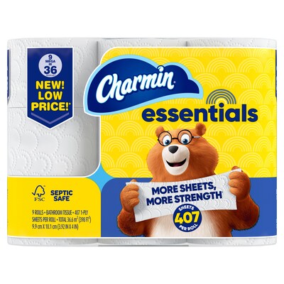 Charmin Essentials Mega Toilet Paper, 1-Ply, White, 407 Sheets/Roll, 9 Rolls/Pack, 4 Packs/Carton (04536)