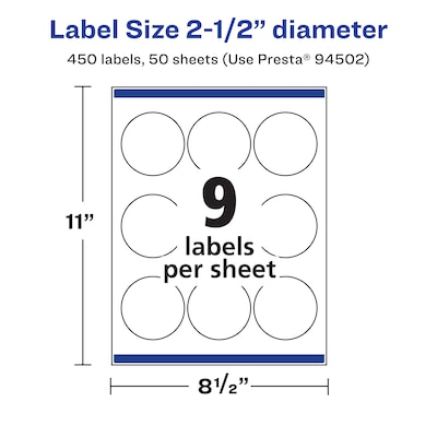 Avery Laser/Inkjet Round Waterproof Multipurpose Labels, 2.5" Dia., White, 450 Labels/Box (94502)