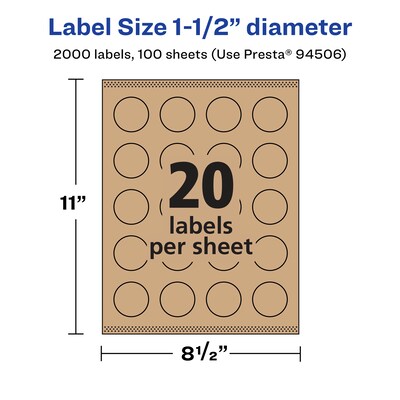 Avery Laser/Inkjet Multipurpose Circle Labels, 1.5" Dia, Kraft Brown, 2000/Box (94506)