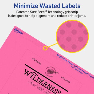 Avery Laser/Inkjet Rectangle Multipurpose Labels, 4" x 5", Bright Pink, 20/Pack (94253)