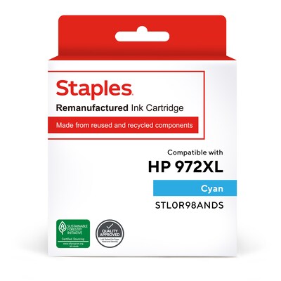 Staples Remanufactured Cyan High Yield Ink Cartridge Replacement for HP 972XL (TRL0R98ANDS/STL0R98ANDS)