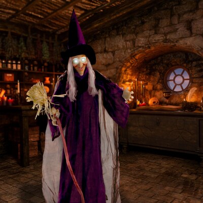 Haunted Hill Farm Life-Size Animatronic Witch with Broomstick (HHWITCH-5FLSA)