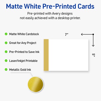 Avery Pre-Printed Gold-Dipped Edge Design Matte Blank Card, White, 20/Pack (S00-DJX)