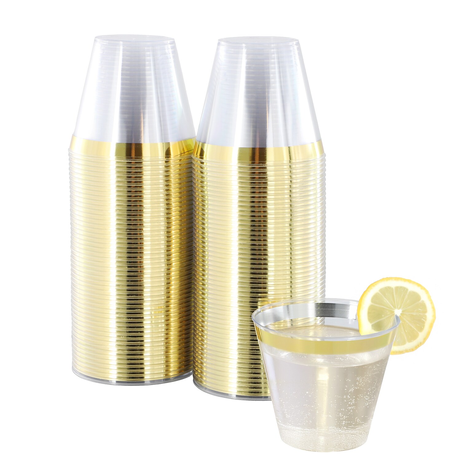 Elama Plastic Party Cups, 9 oz., Clear/Gold, 100 Cups/Pack (935124338M)
