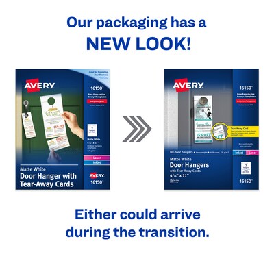 Avery Printable Door Hangers with Tear-Away Cards, 4 1/4 x 11, Matte White, Laser/Inkjet, 80/Pack