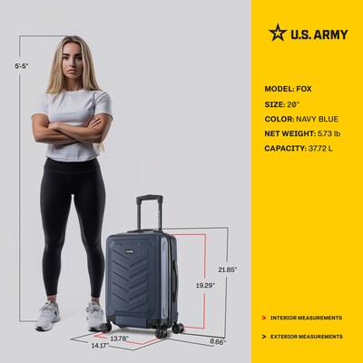 US Army FOX 20" Hardside Carry-On Suitcase, 4-Wheeled Spinner, TSA Checkpoint Friendly, Navy Blue (USLFOX00S-BLU)
