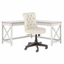 Bush Furniture Key West 60W L Shaped Desk with Mid Back Tufted Office Chair, Linen White Oak (KWS04