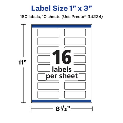 Avery Laser/Inkjet Multipurpose Rectangle Labels, 1" x 3", White, 160 Labels/Pack (94224)