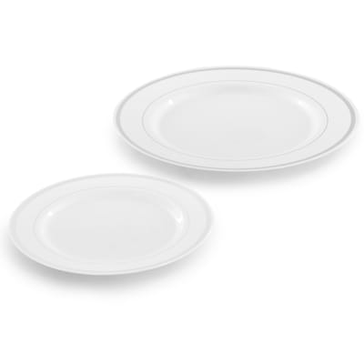 Elama Round Plastic Dinnerware Set, White/Silver, 600 Pieces (935124341M)