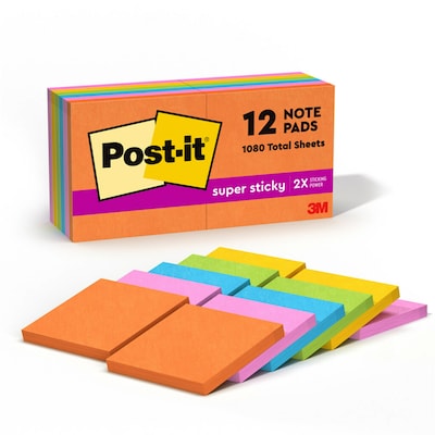 Post-it Super Sticky Notes, 3 x 3, Energy Boost Collection, 90 Sheet/Pad, 12 Pads/Pack (65412SSUC)