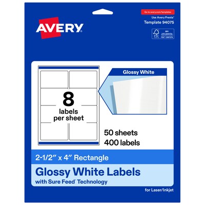 Avery Rectangle Laser/Inkjet Multipurpose Labels, White, 8 Labels/Sheet, 50 Sheets/Pack (19479311221)