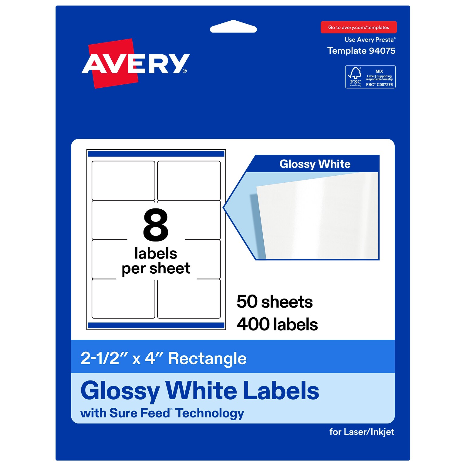 Avery Rectangle Laser/Inkjet Multipurpose Labels, White, 8 Labels/Sheet, 50 Sheets/Pack (19479311221)