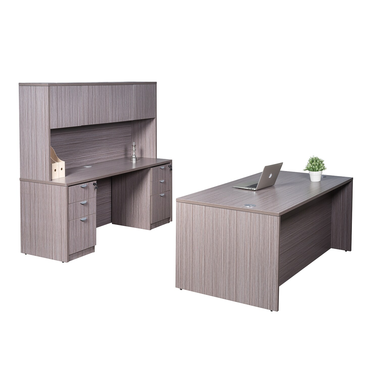 Boss Office Products 71 Desk and Credenza with Hutch and 2 File Pedestals, Driftwood (GROUPA6-DW)