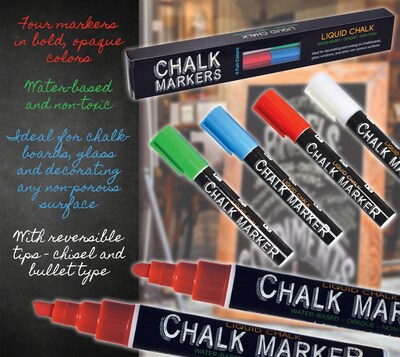 Better Office Products Liquid Washable Chalk Markers, Reversible Tip, Assorted Colors, 4-Pack (00640)