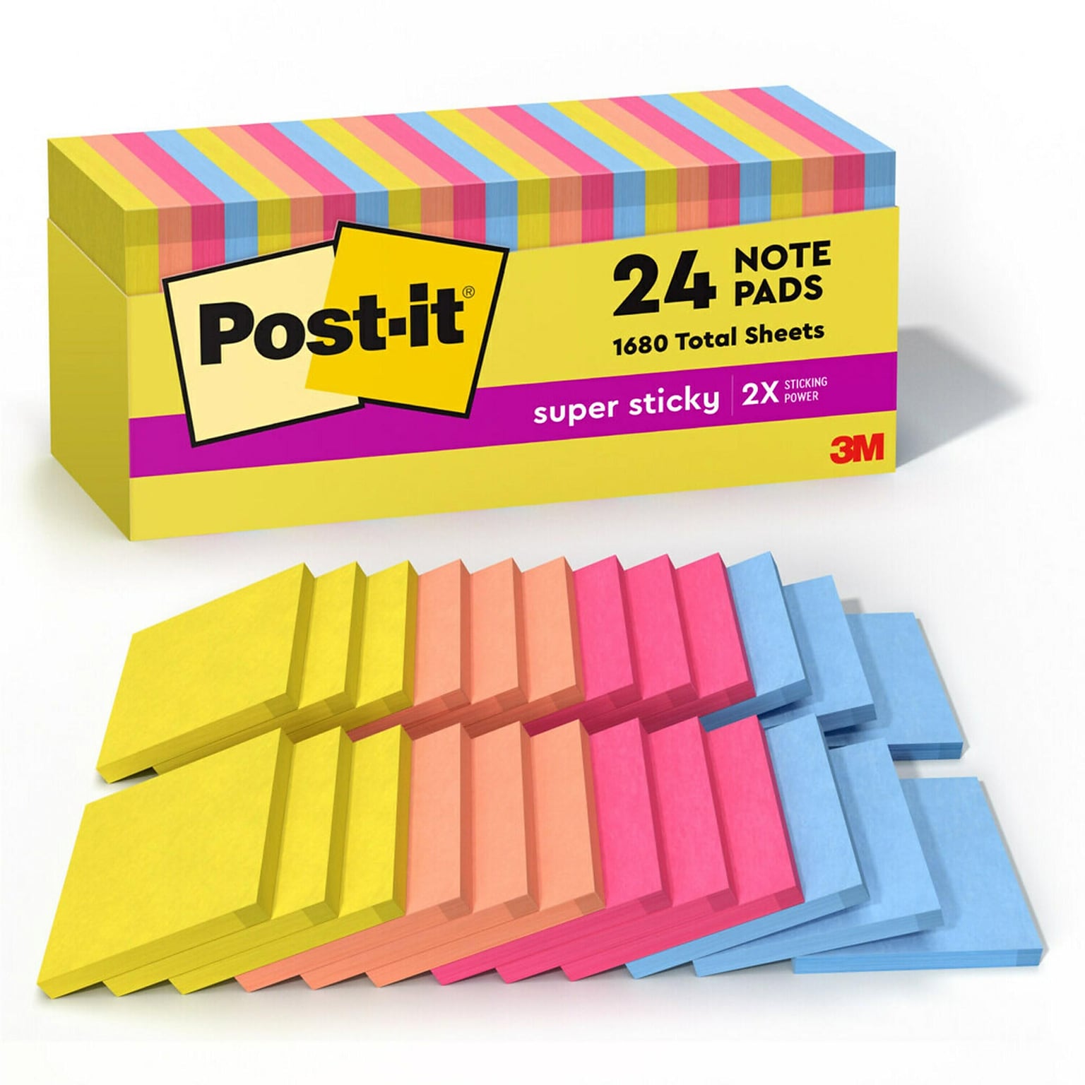 Post-it Super Sticky Notes, 3 x 3, Summer Joy Collection, 70 Sheet/Pad, 24 Pads/Pack (654-24SSJOY-CP)