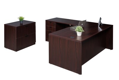 Boss Office Products 71 L-Shaped Desk with File Pedestal and Lateral File, Mahogany (GROUPA9-M)
