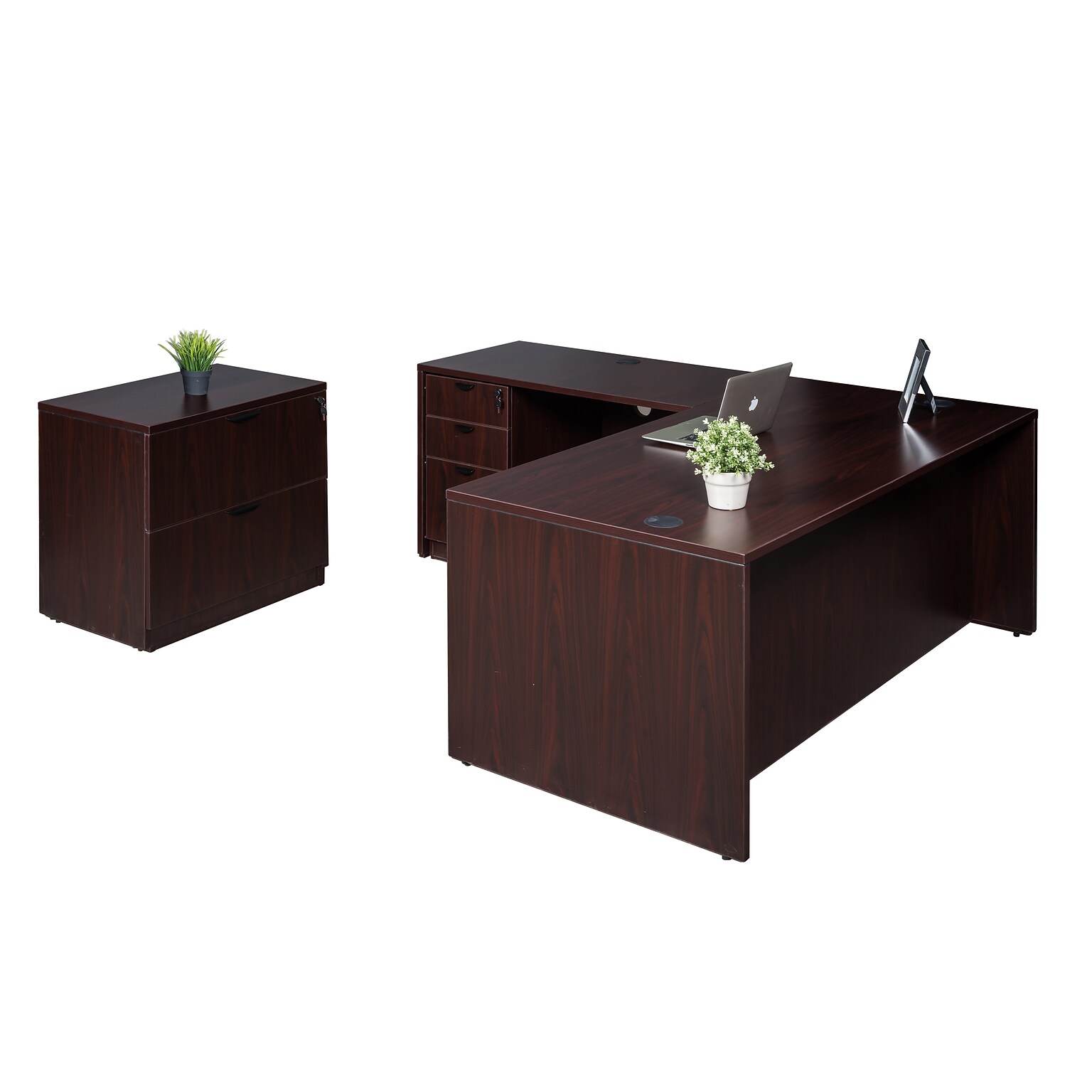 Boss Office Products 71 L-Shaped Desk with File Pedestal and Lateral File, Mahogany (GROUPA9-M)