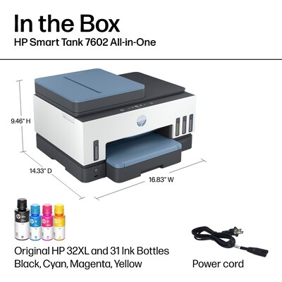 HP Smart Tank 7602 Wireless Color Inkjet Printer, All-In-One Supertank, Print, Scan, Copy, Fax (28B98A#B1H)
