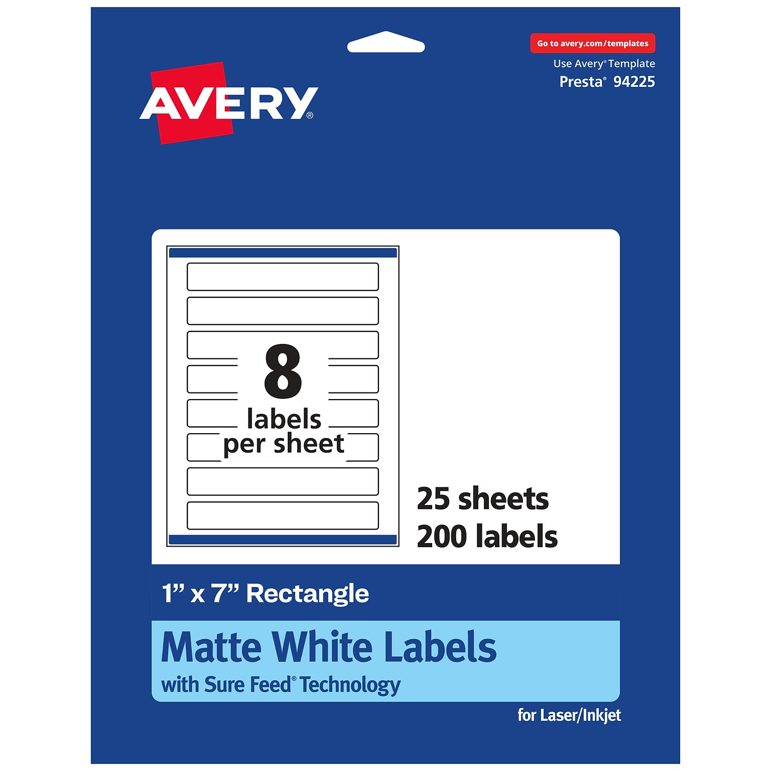 Avery Laser/Inkjet Rectangle Multipurpose Labels, 1 x 7, White, 200 Labels/Pack (94225)