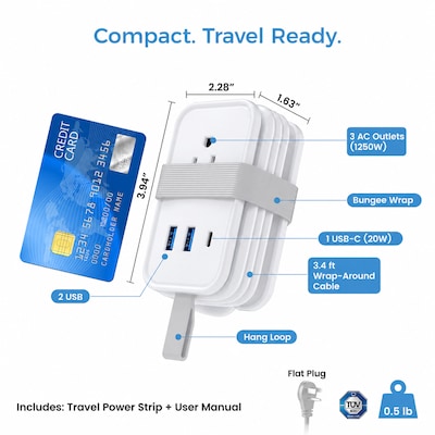 Uncaged Ergonomics Travel Power Strip with USB-C, 3 AC, 2 USB-C (20W), 1 USB-A, 3.4 ft Cord, White