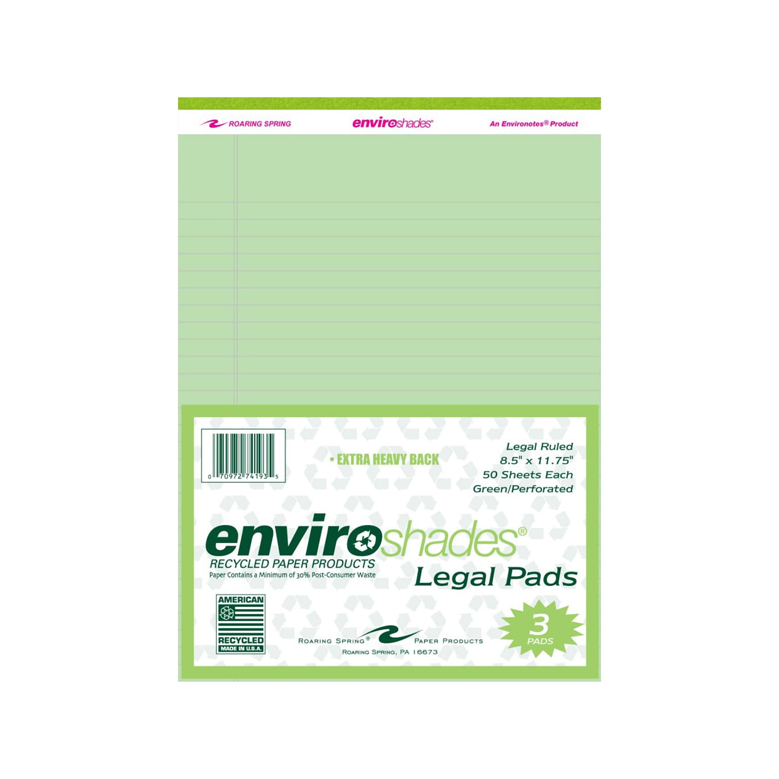 Roaring Spring Paper Products 8.5 x 11.75 Legal Pads, Recycled Green Paper, 50 Sheets/Pad, 3 Pads/Pack (74193)