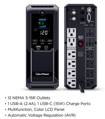 CyberPower Intelligent LCD UPS System, 1500VA/900W, 12 Outlets, 2 USB Ports, AVR, Mini Tower, Black (CP1500AVRLCD3)