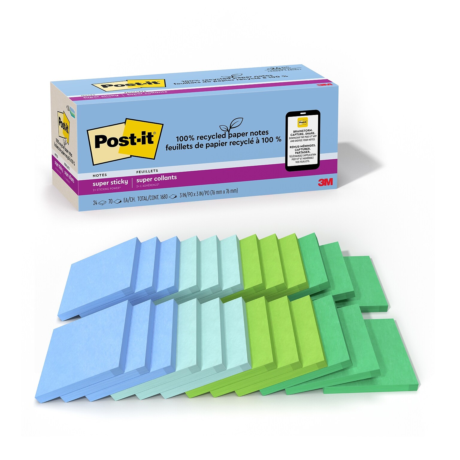 Post-it Recycled Super Sticky Notes, 3 x 3, Oasis Collection, 70 Sheets/Pad, 24 Pads/Pack (654R-24SST-CP)